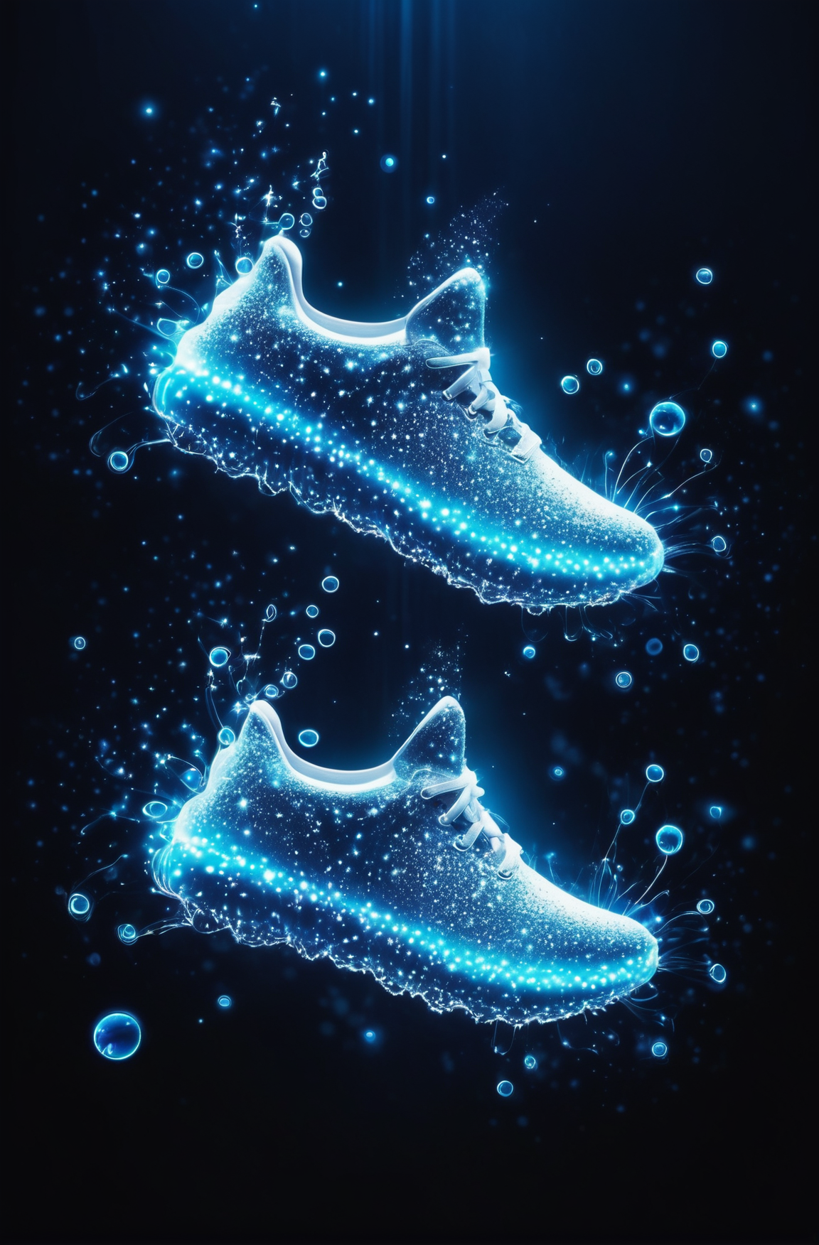 sneakers, bioluminescent, bright luminescence white light, made out of light beams, bubbles, particles, sparkles, glitch